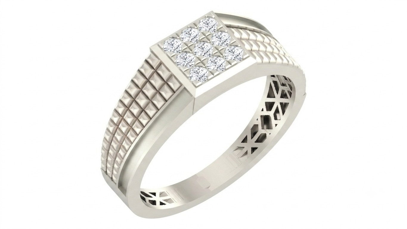 A white gold ring with a square diamond cluster on top, featuring a textured grid pattern, shown on a plain white background.
