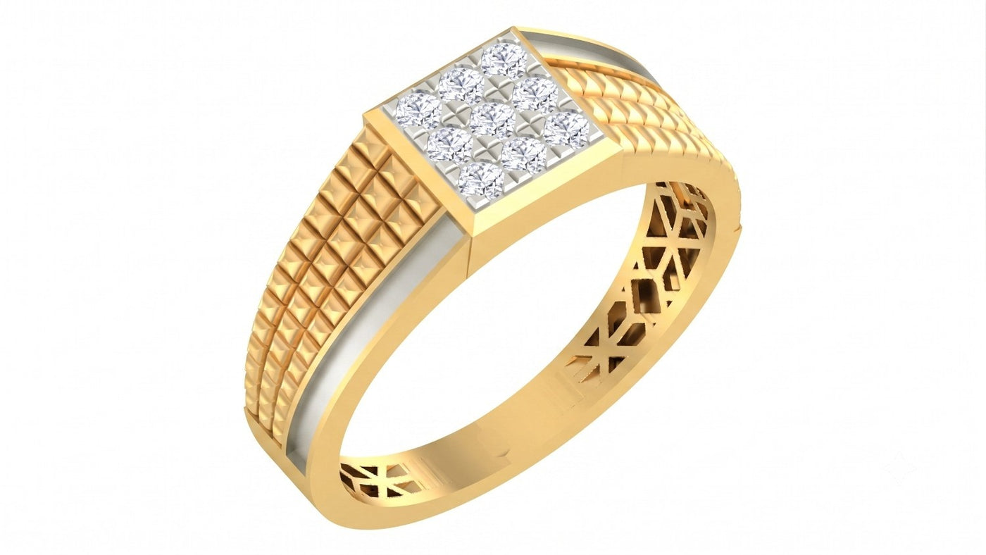 A yellow gold ring with a square diamond cluster on top, featuring a textured grid pattern, shown on a plain white background.