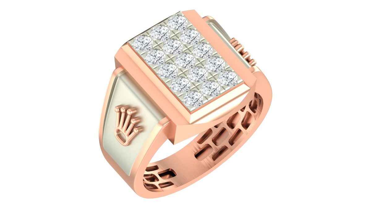 A luxury-style rose gold signet ring featuring a square face paved with clear stones, shown on a plain white background.