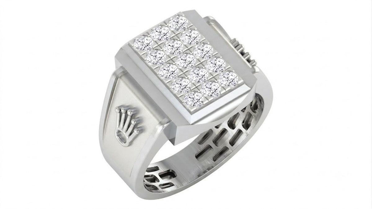 A luxury-style white gold signet ring featuring a square face paved with clear stones, shown on a plain white background.