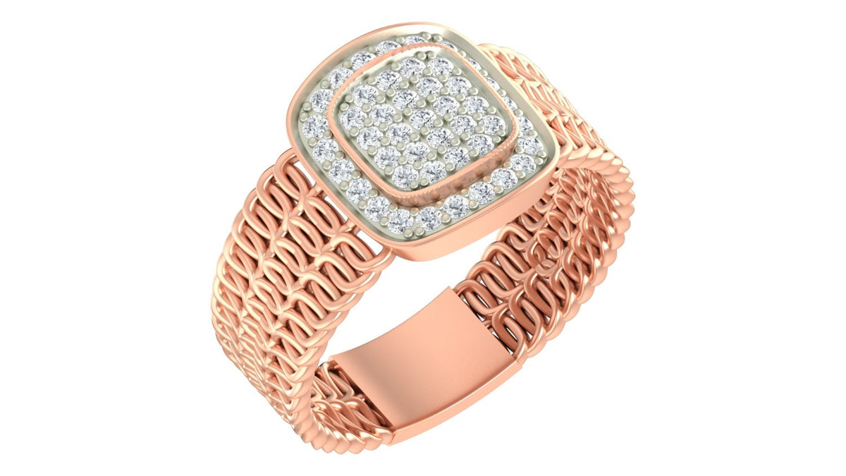 A rose gold ring with a textured mesh band and a square-shaped pavé diamond, shown on a plain white background.