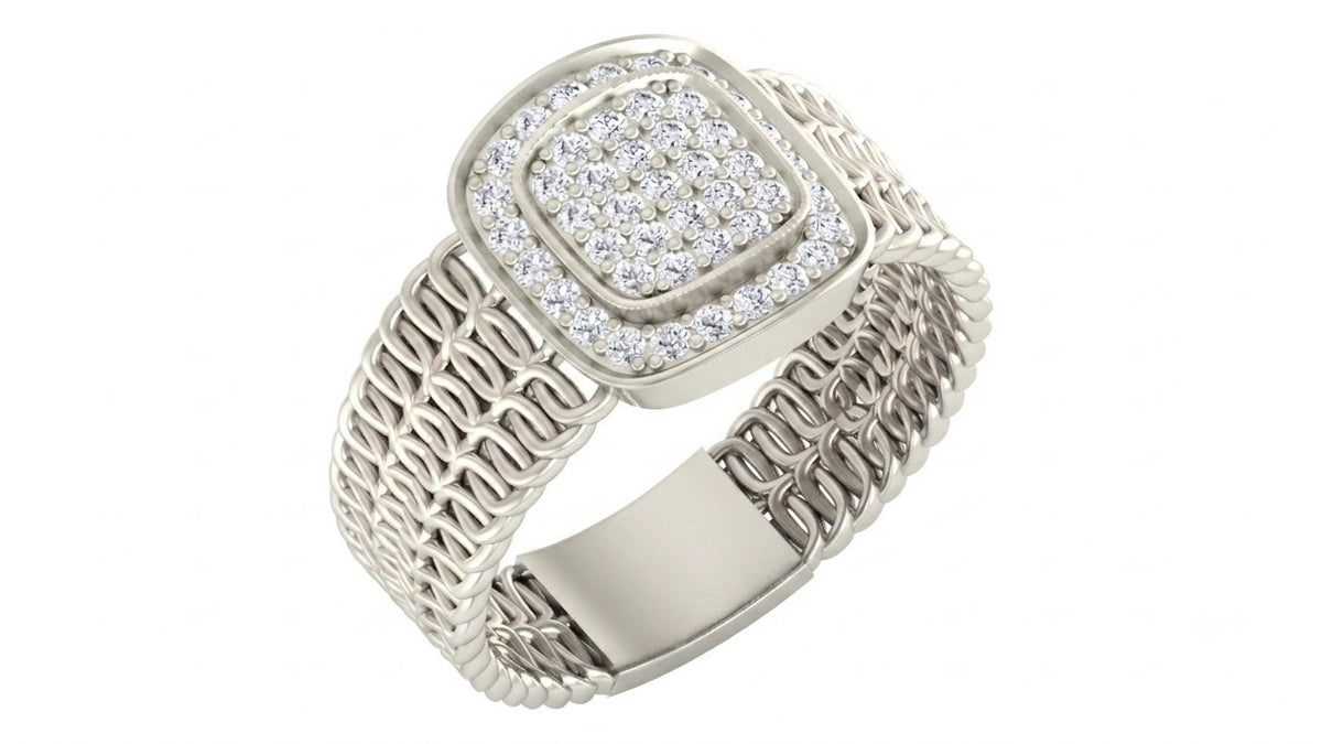 A white gold ring with a textured mesh band and a square-shaped pavé diamond, shown on a plain white background.