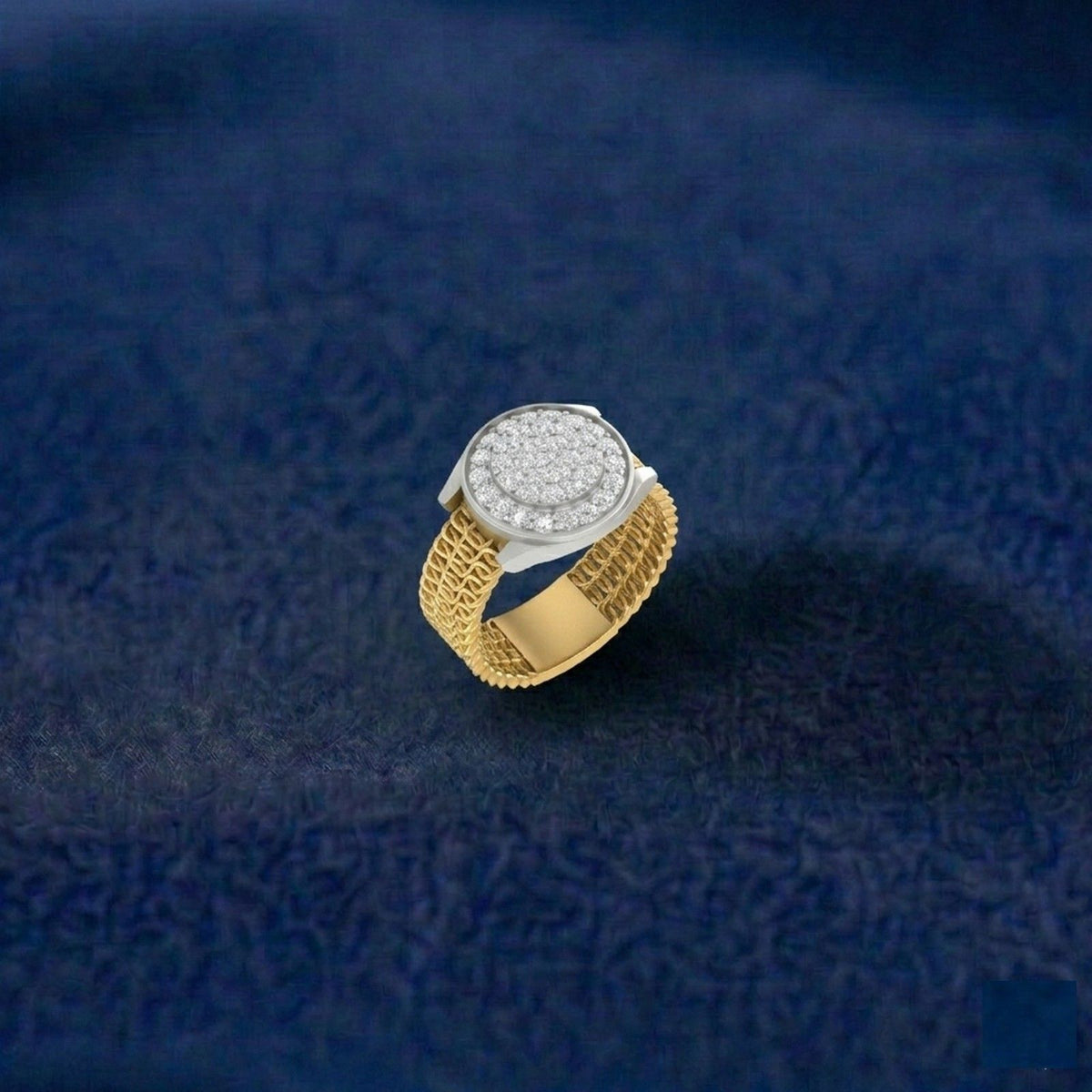 Gold ring with a diamond ring on a textured blue background