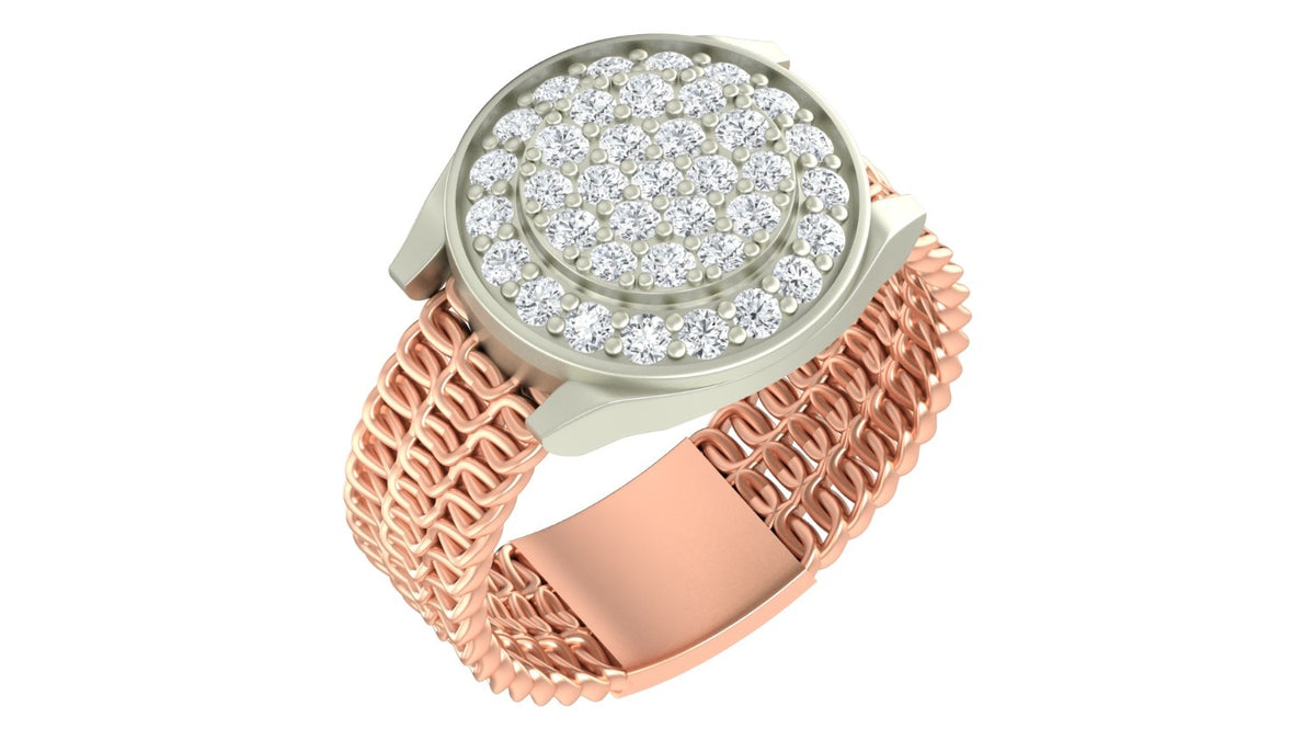 A rose gold and diamond men's ring with a textured gold mesh band, shown on a plain white background.