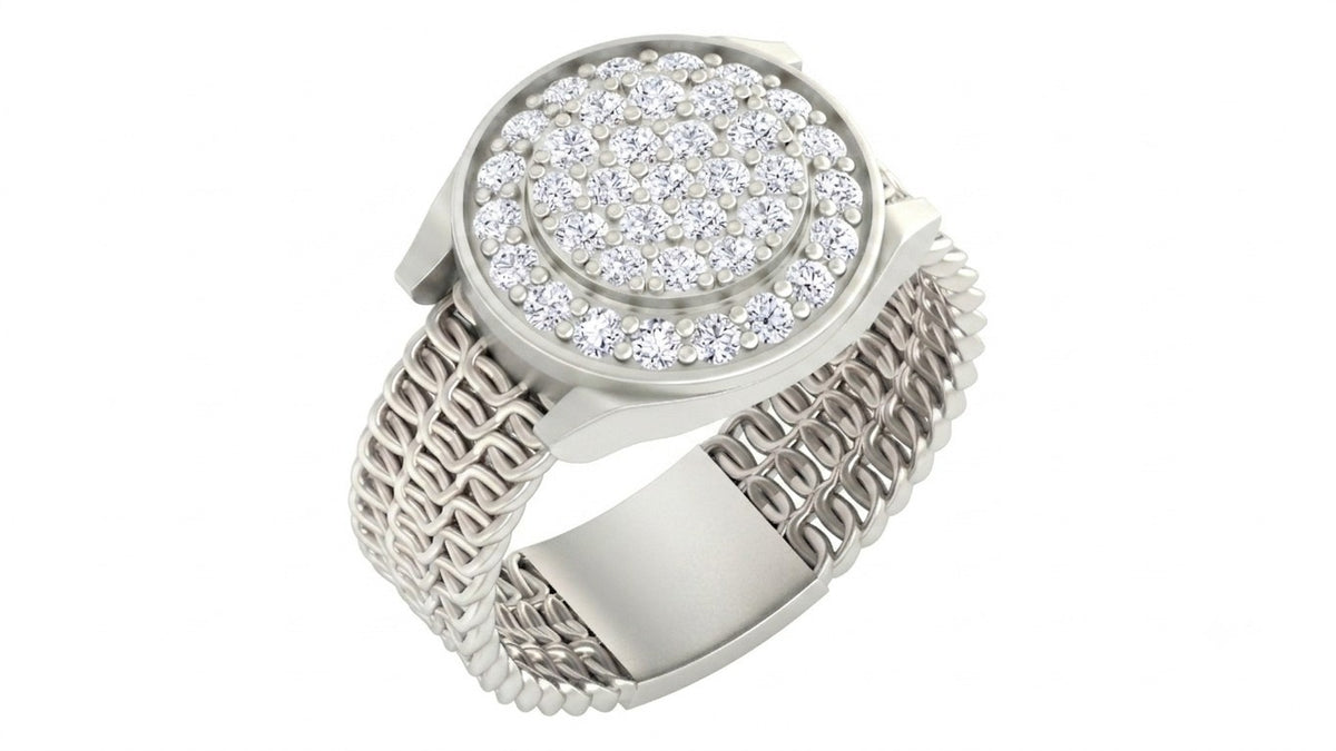 A white gold and diamond men's ring with a textured gold mesh band, shown on a plain white background.