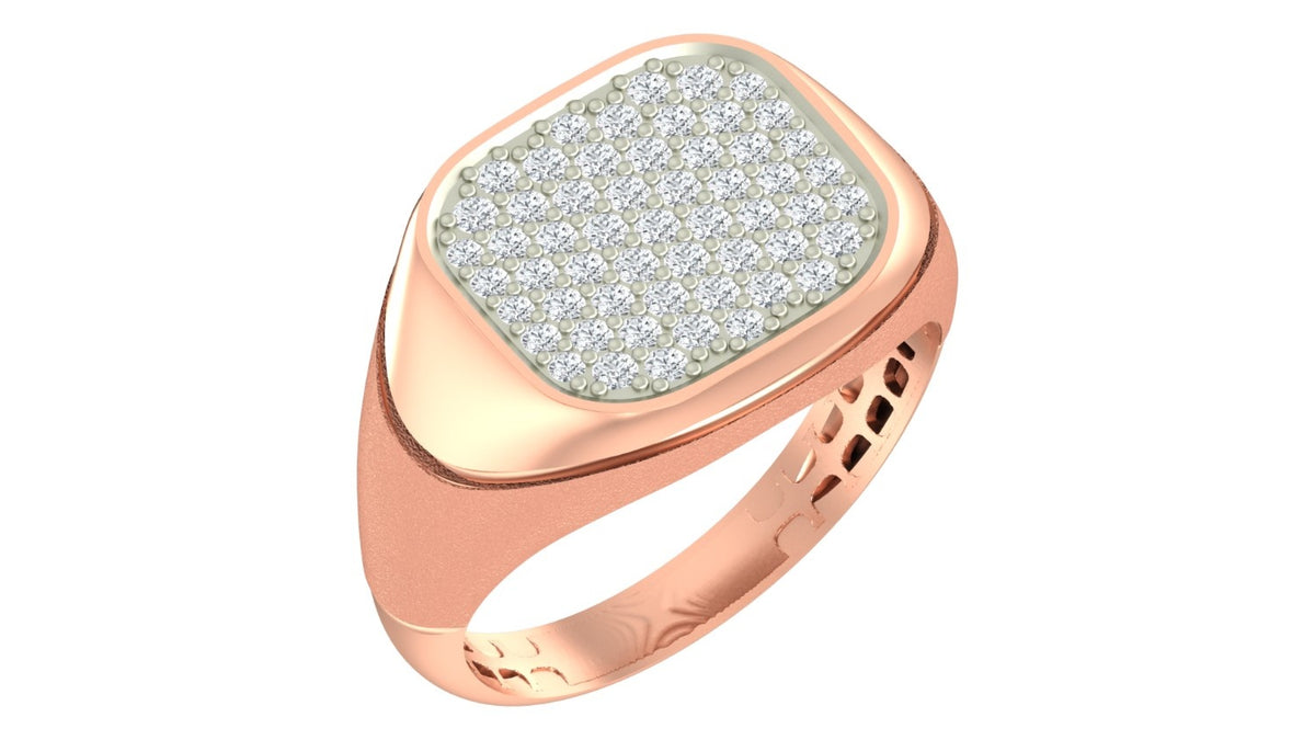 A rose gold signet ring featuring a square-shaped pavé diamond setting on a white background.