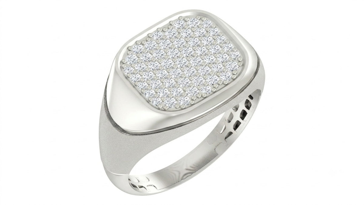 A white gold signet ring featuring a square-shaped pavé diamond setting on a white background.