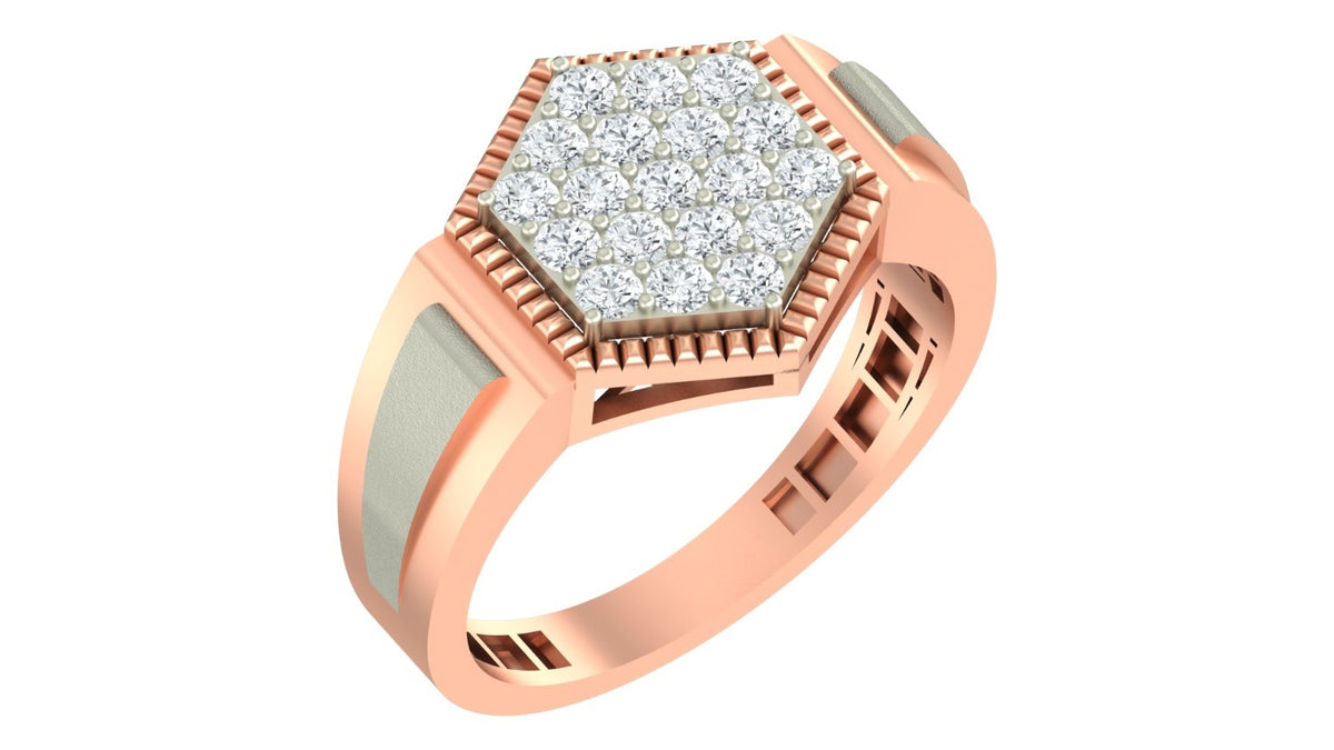 A rose gold ring with a hexagonal pavé diamond setting, shown on a plain white background.