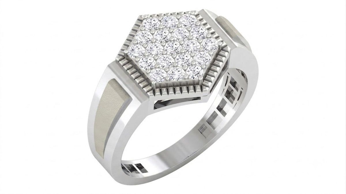 A white gold ring with a hexagonal pavé diamond setting, shown on a plain white background.