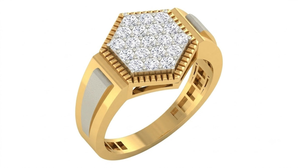 A yellow gold ring with a hexagonal pavé diamond setting, shown on a plain white background.