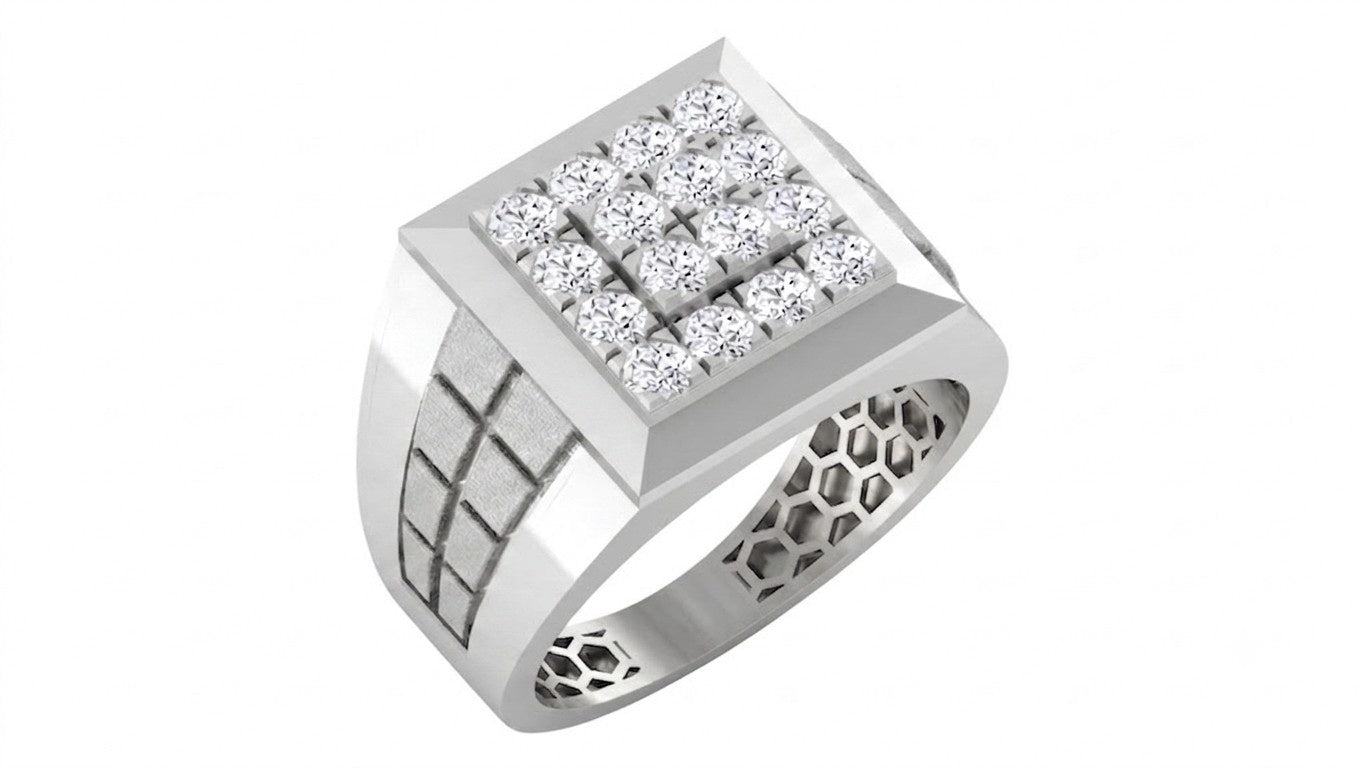 A white gold signet ring featuring a square and textured gold, shown on a plain white background.