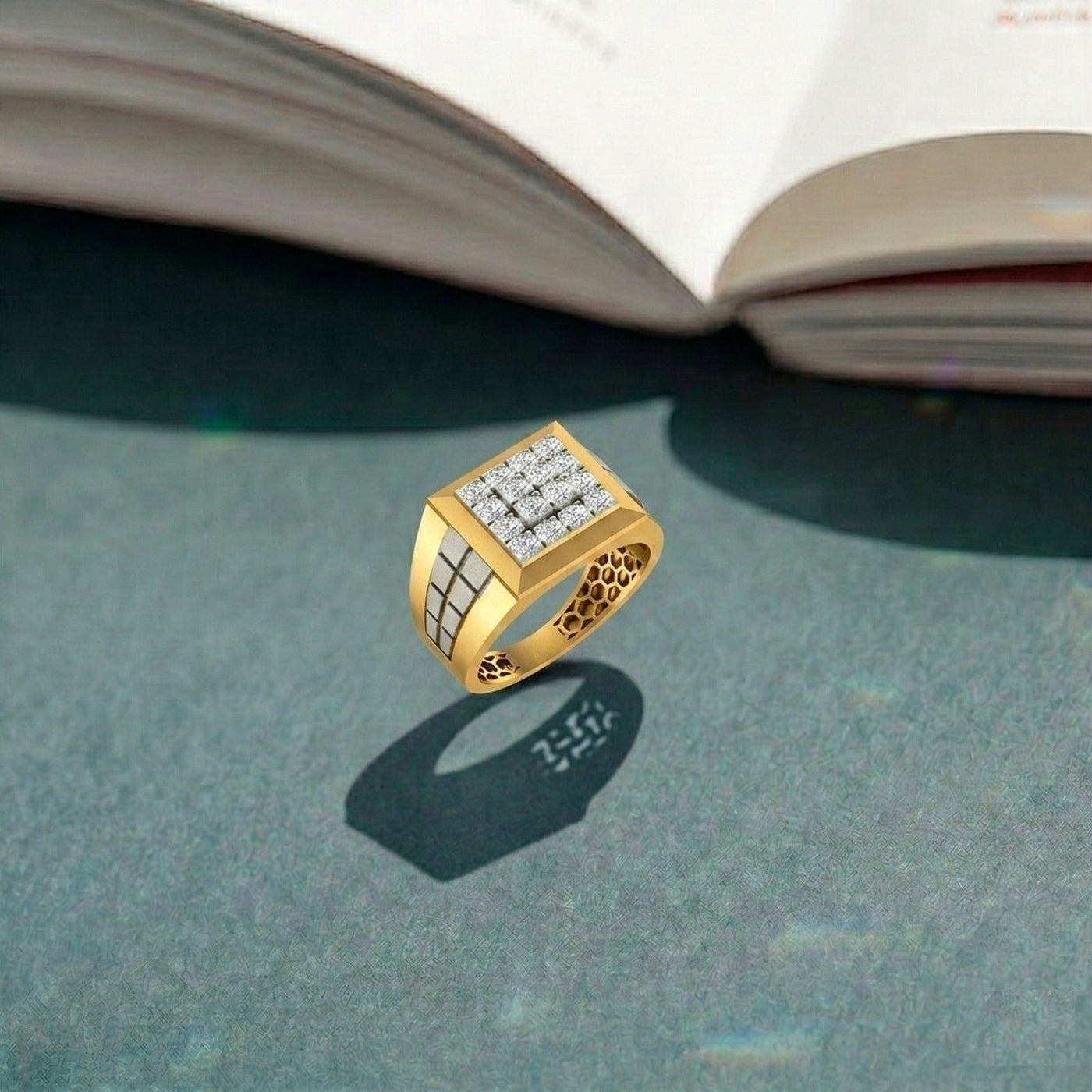 Gold ring with diamonds on a reflective surface