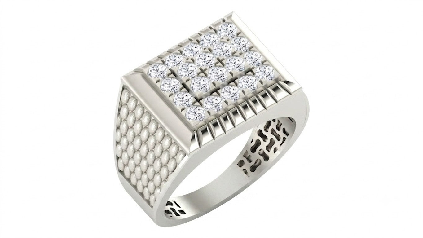 A white gold signet ring featuring a square design, set against a plain white background.