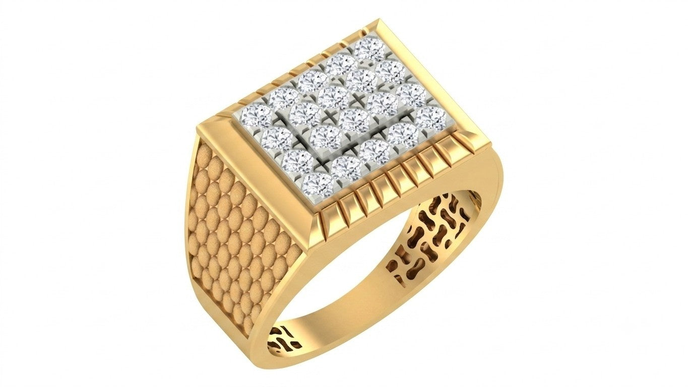 A yellow gold signet ring featuring a square design, set against a plain white background.