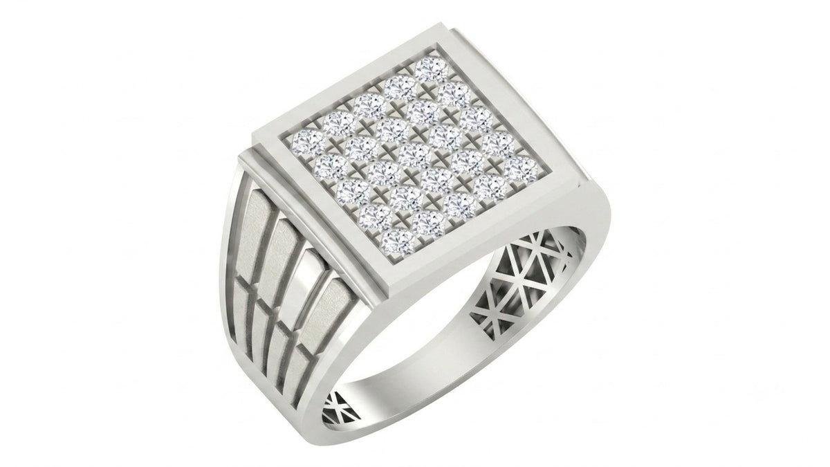 A white men's signet ring featuring a square face paved with small clear stones, set against a plain white background.