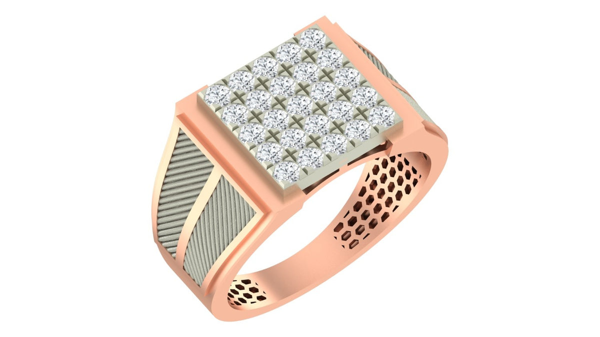 A rose gold signet ring with a square diamond, featuring textured, shown on a plain white background.