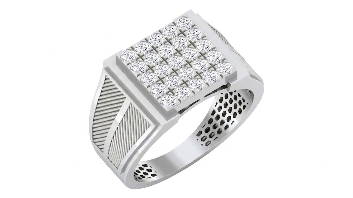 A white gold signet ring with a square diamond, featuring textured, shown on a plain white background.