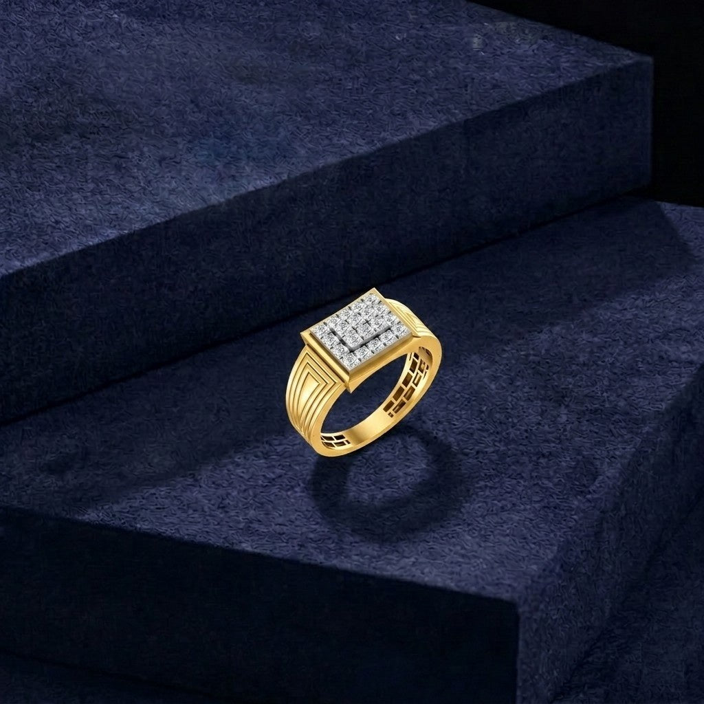 Gold ring with diamonds on a dark blue textured surface.