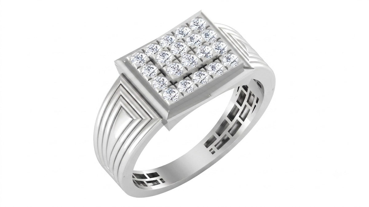 A white gold ring with a square pavé diamond, shown on a plain white background.