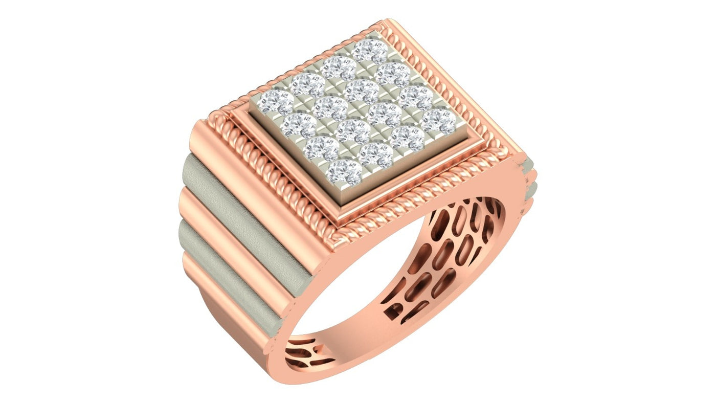 A men's square ring in rose gold with a central diamond pavé setting and textured horizontal accents on the band, shown on a plain white background.