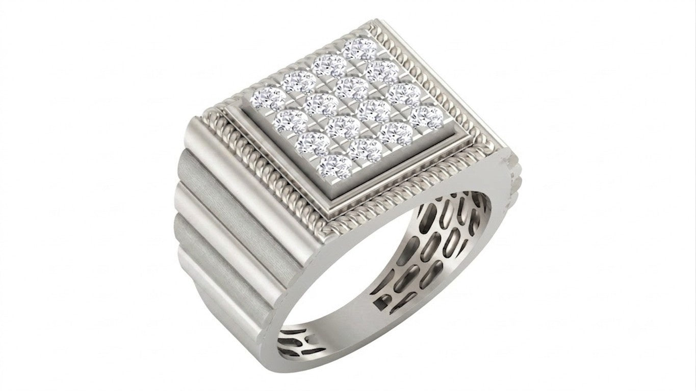 A men's square ring in white gold with a central diamond pavé setting and textured horizontal accents on the band, shown on a plain white background.