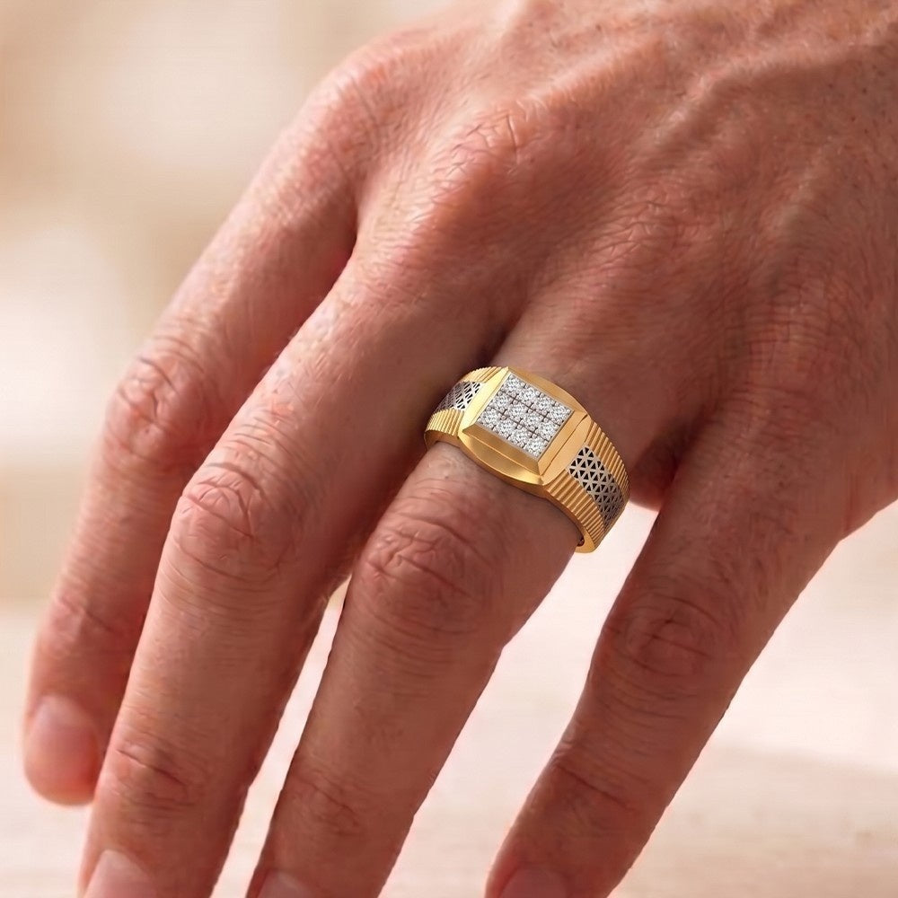 Hand wearing a gold and diamond mens ring