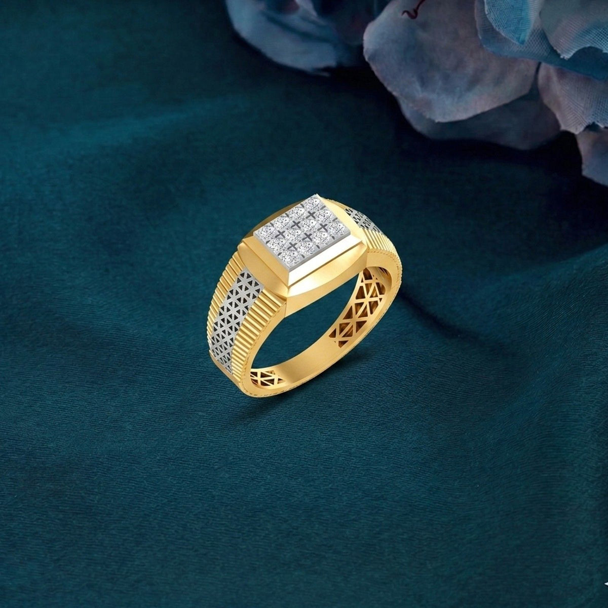 Gold & Diamond Band Ring for Men featuring premium gold craftsmanship with natural diamond ona teal surface.