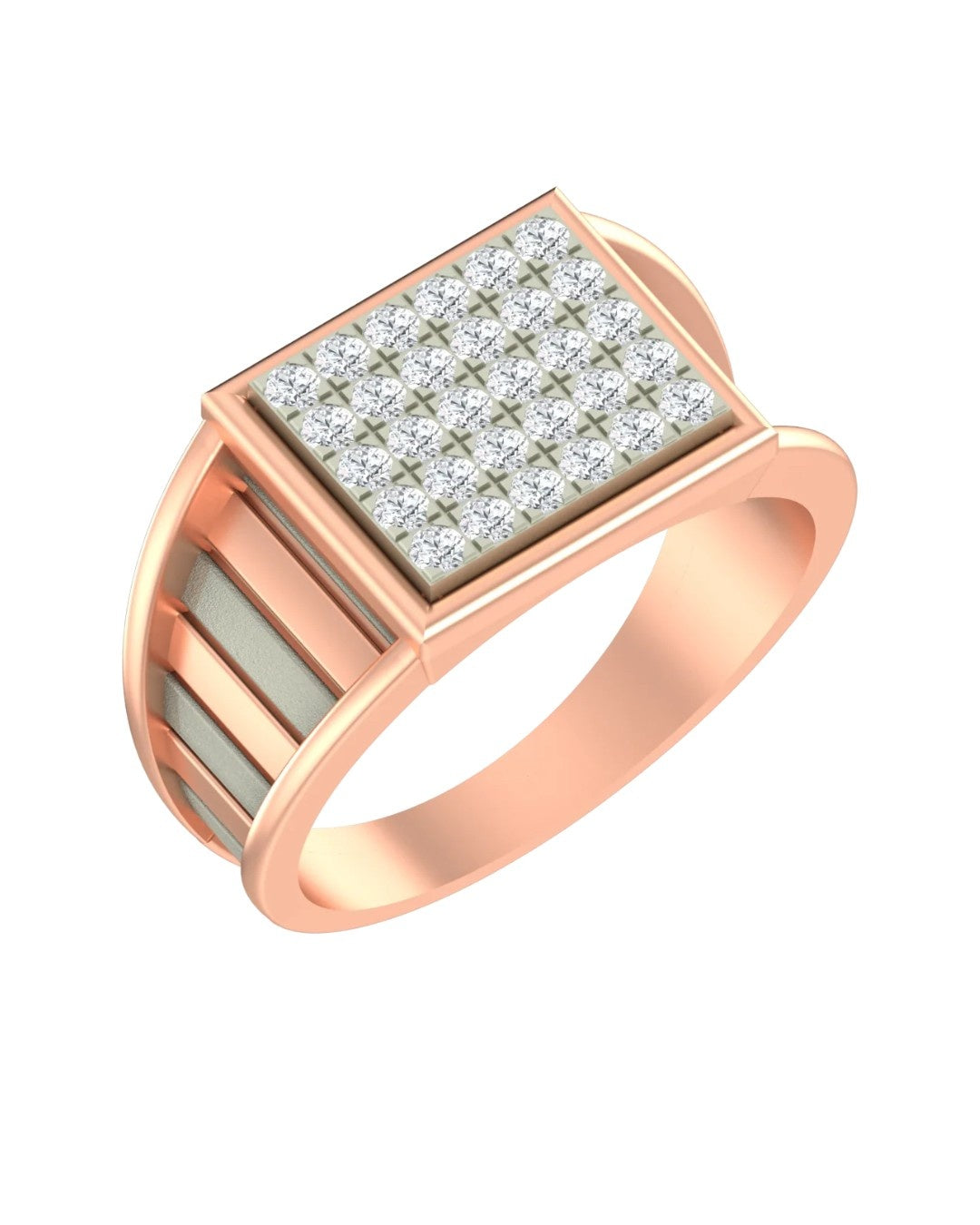 A rose gold signet ring featuring a square face paved, shown on a plain white background.
