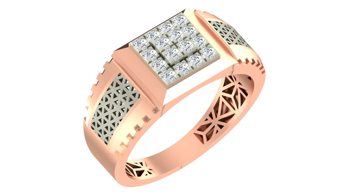 A rose gold men's ring featuring a square diamond cluster setting, shown on a plain white background.