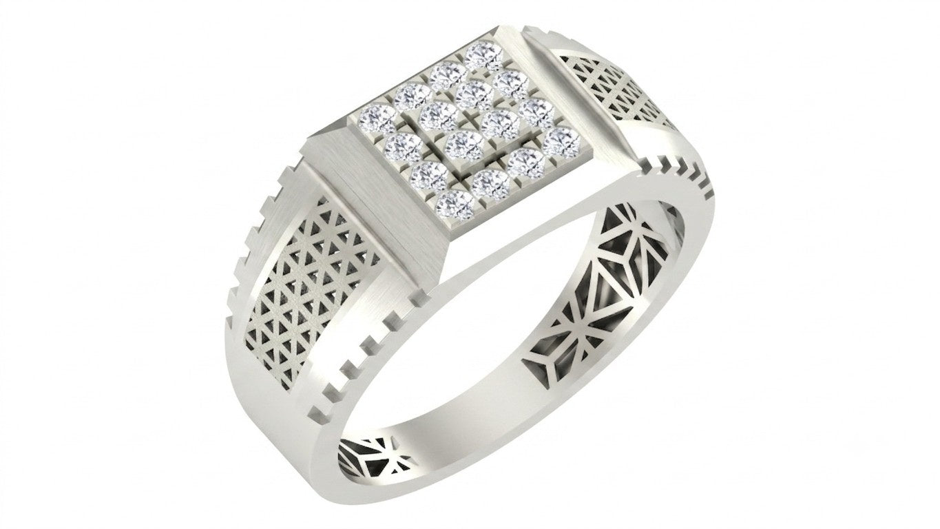 A white gold men's ring featuring a square diamond cluster setting, shown on a plain white background.