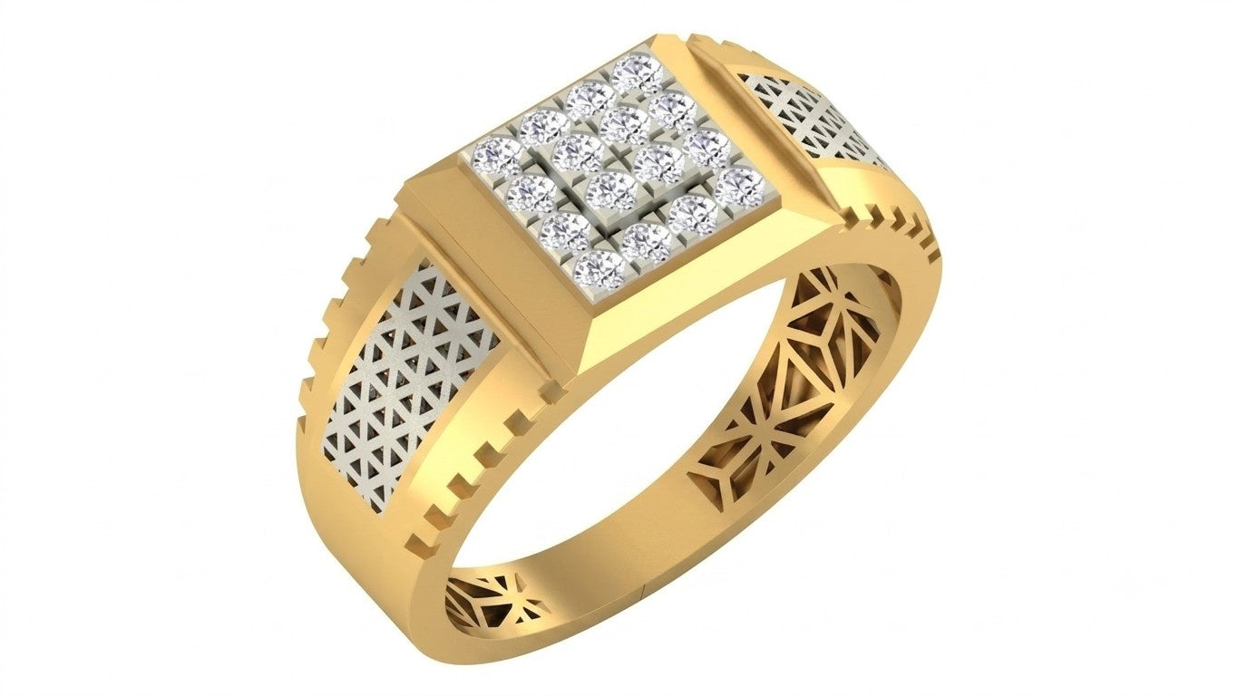 A yellow gold men's ring featuring a square diamond cluster setting, shown on a plain white background.