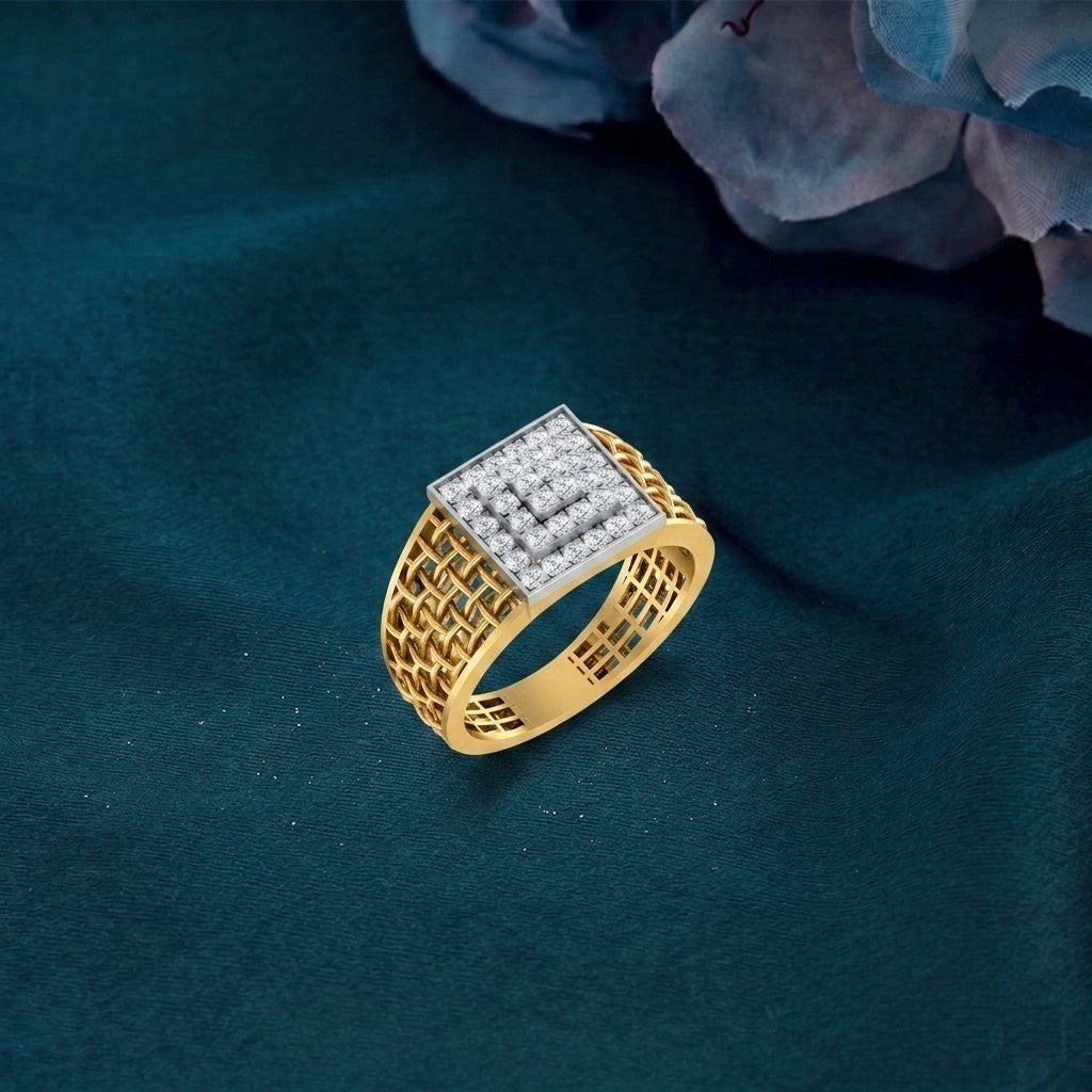 Gold ring with diamond-studded band on a dark blue background