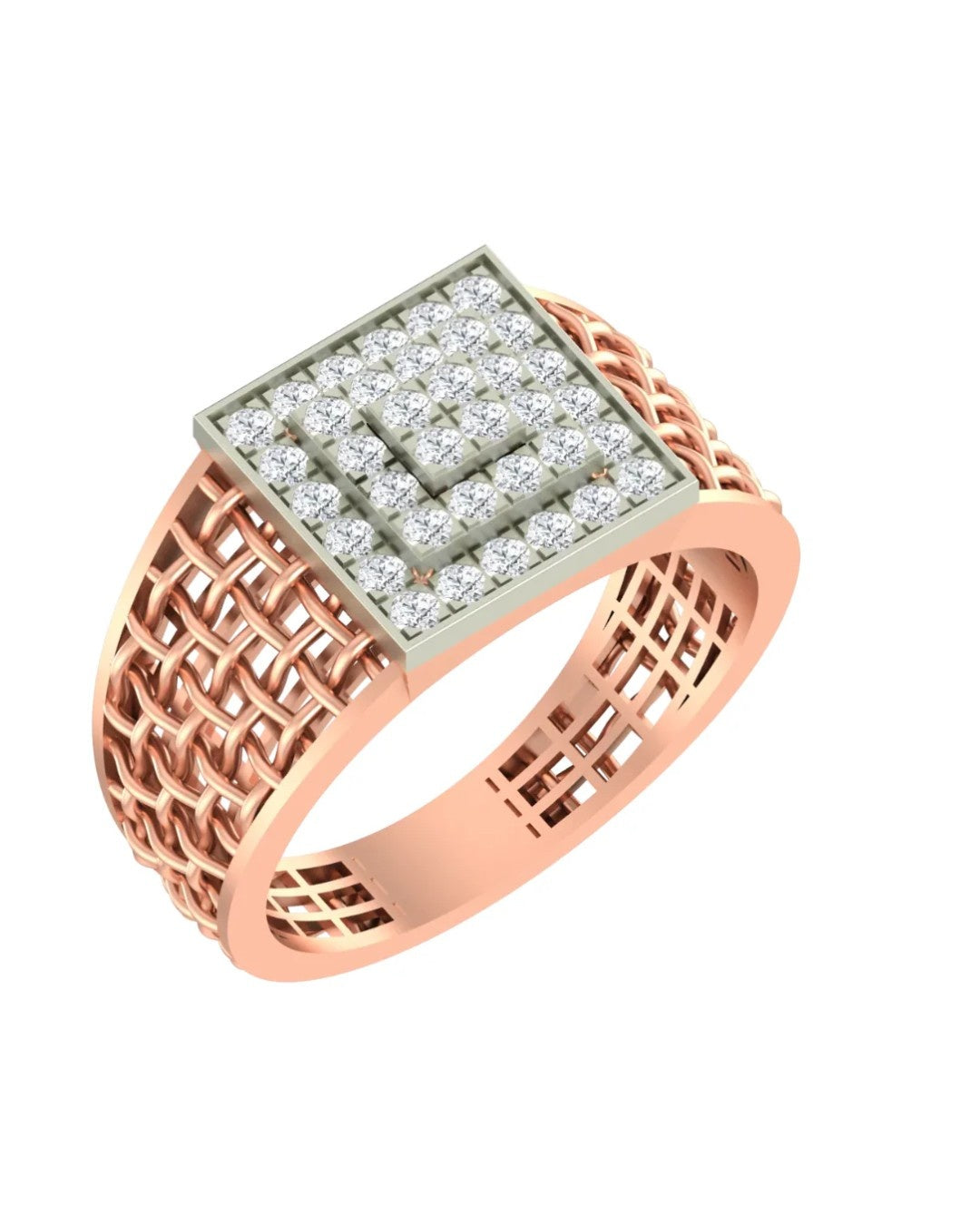 A rose gold signet ring featuring a square face paved, with a textured openwork gold band, shown on a plain white background.