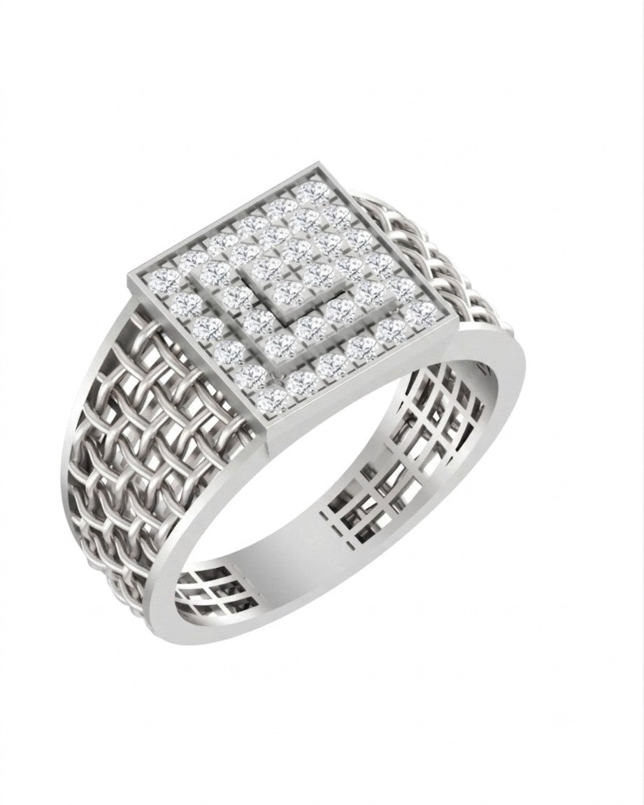 A white gold signet ring featuring a square face paved, with a textured openwork gold band, shown on a plain white background.