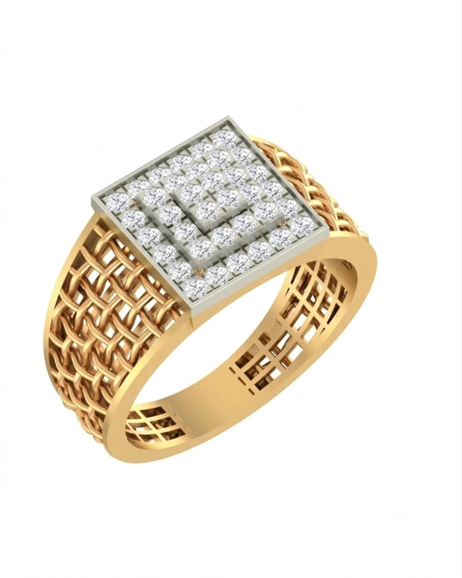 A yellow gold signet ring featuring a square face paved, with a textured openwork gold band, shown on a plain white background.