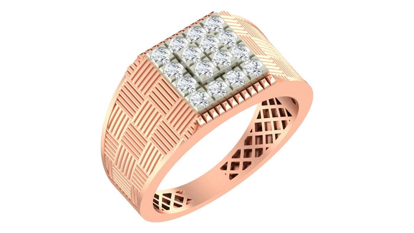 A rose gold ring with a square diamond cluster setting and textured designs, shown on a plain white background.