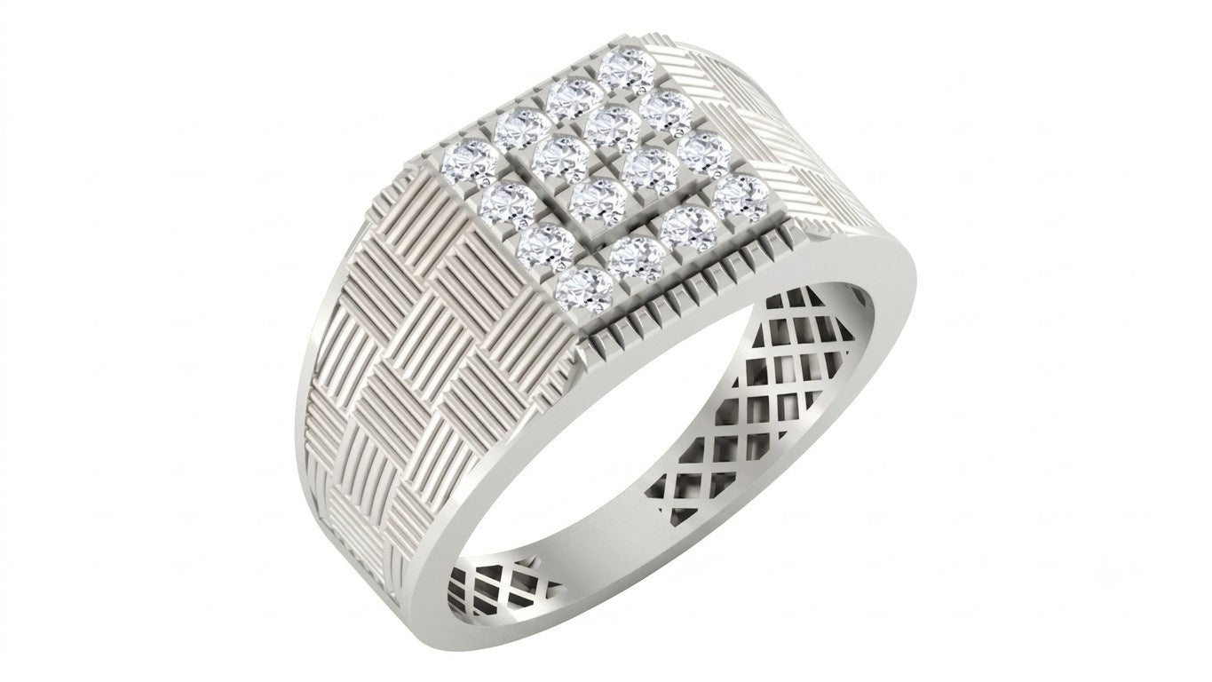 A white gold ring with a square diamond cluster setting and textured designs, shown on a plain white background.