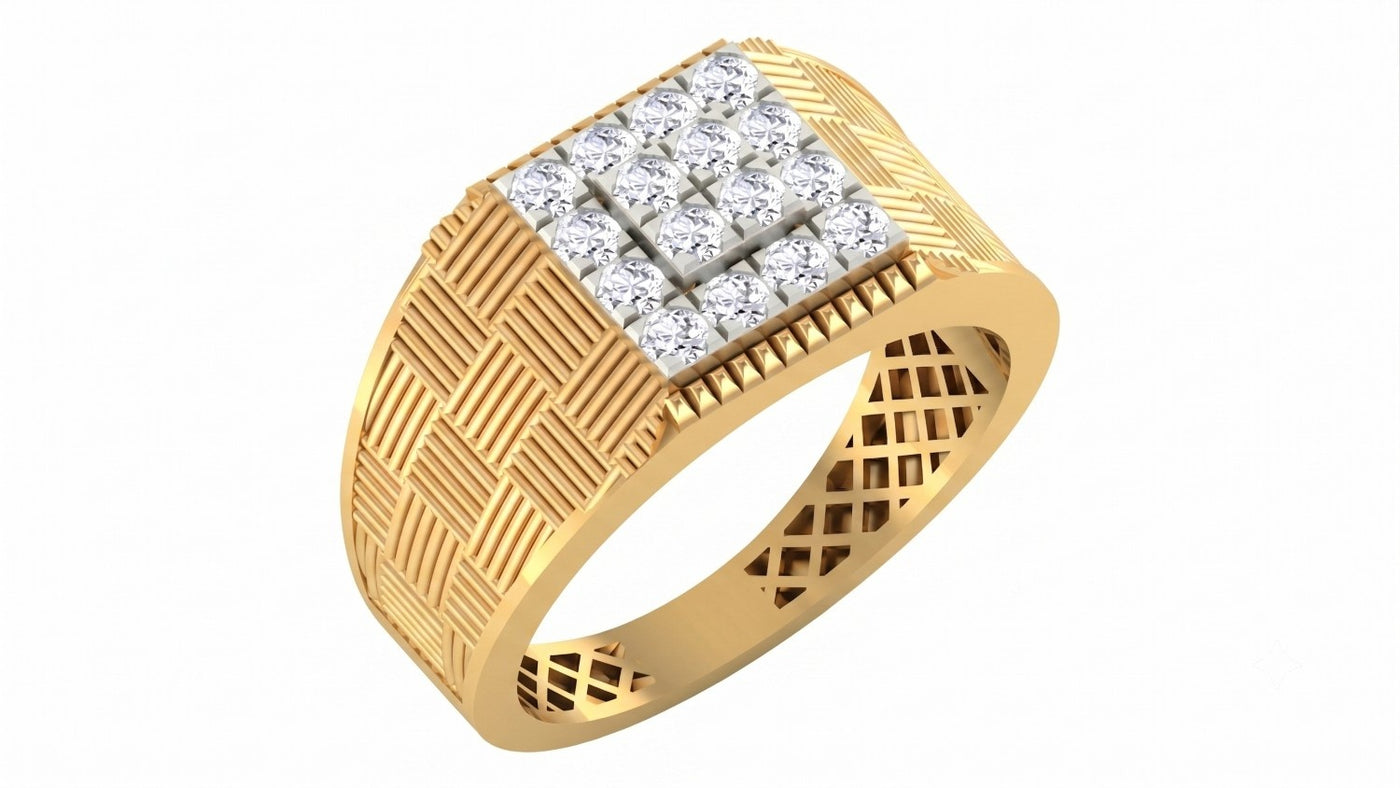A yellow gold ring with a square diamond cluster setting and textured designs, shown on a plain white background.