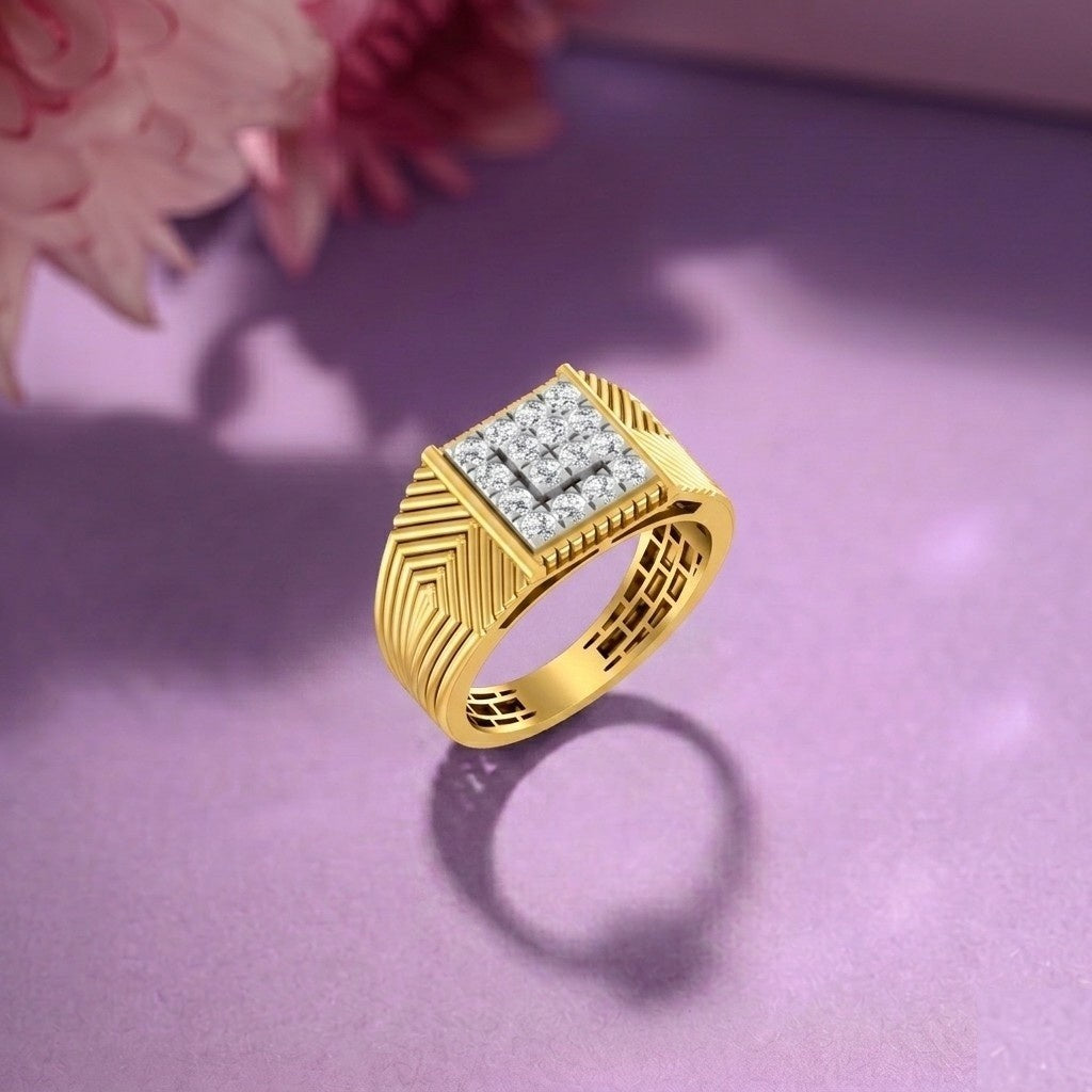 Gold ring with diamond accents on a purple surface