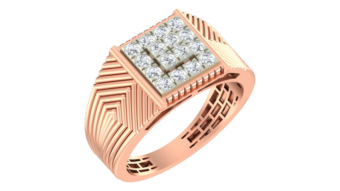 A rose gold men's ring featuring a square-shaped pavé diamond center with a geometric patterned band, shown on a plain white background.