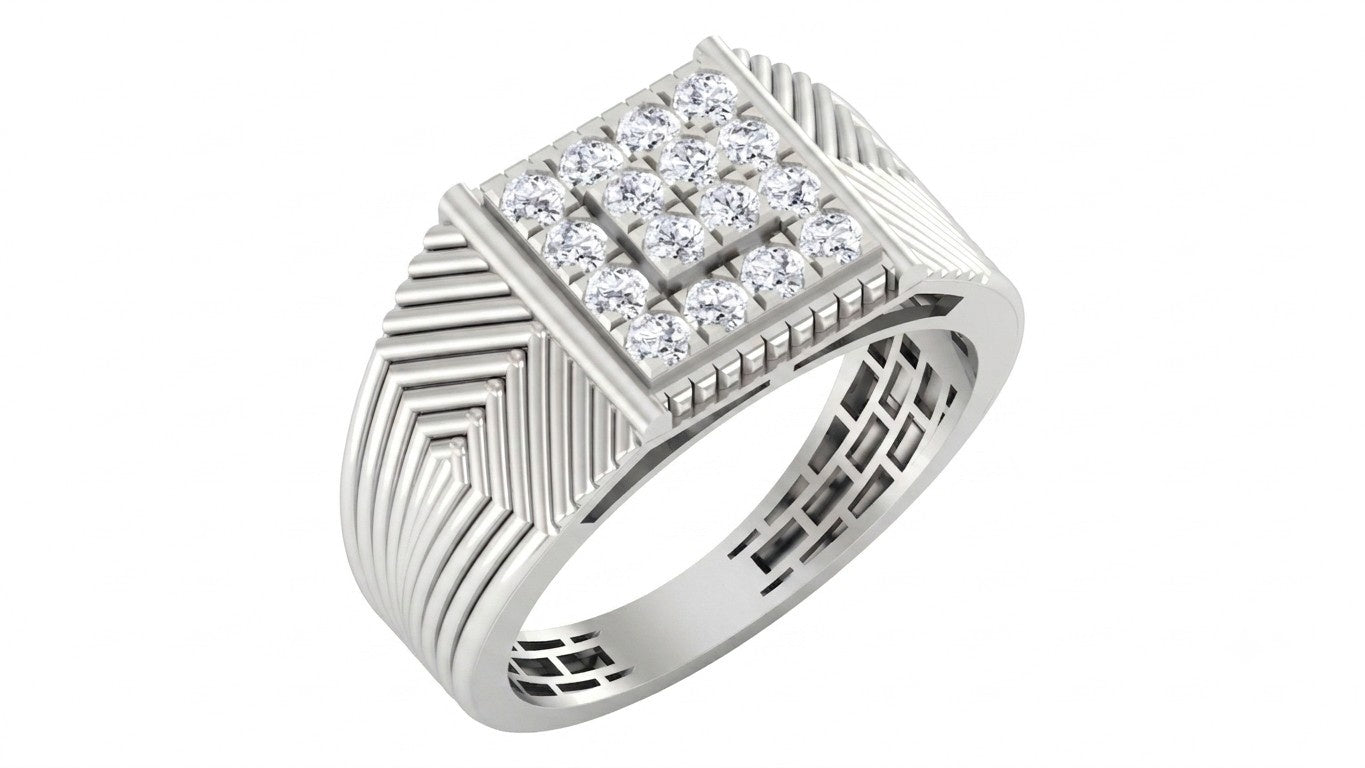 A white gold men's ring featuring a square-shaped pavé diamond center with a geometric patterned band, shown on a plain white background.