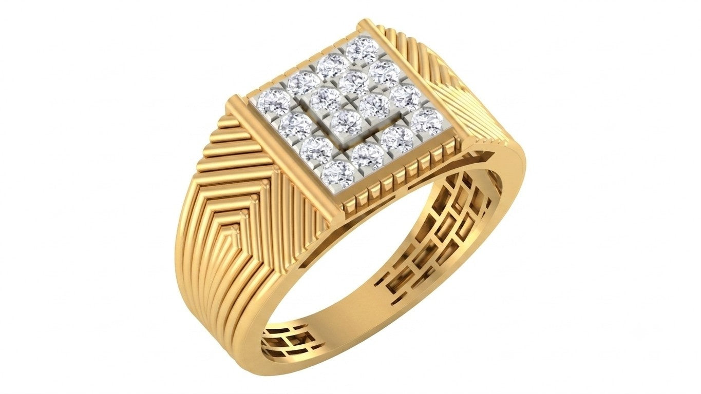 A yellow gold men's ring featuring a square-shaped pavé diamond center with a geometric patterned band, shown on a plain white background.