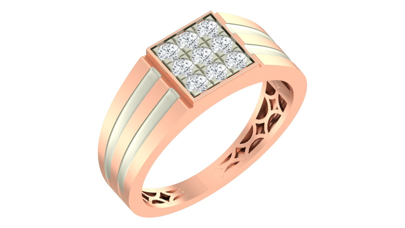A men's rose gold ring with a square diamond cluster setting, on a plain white background.