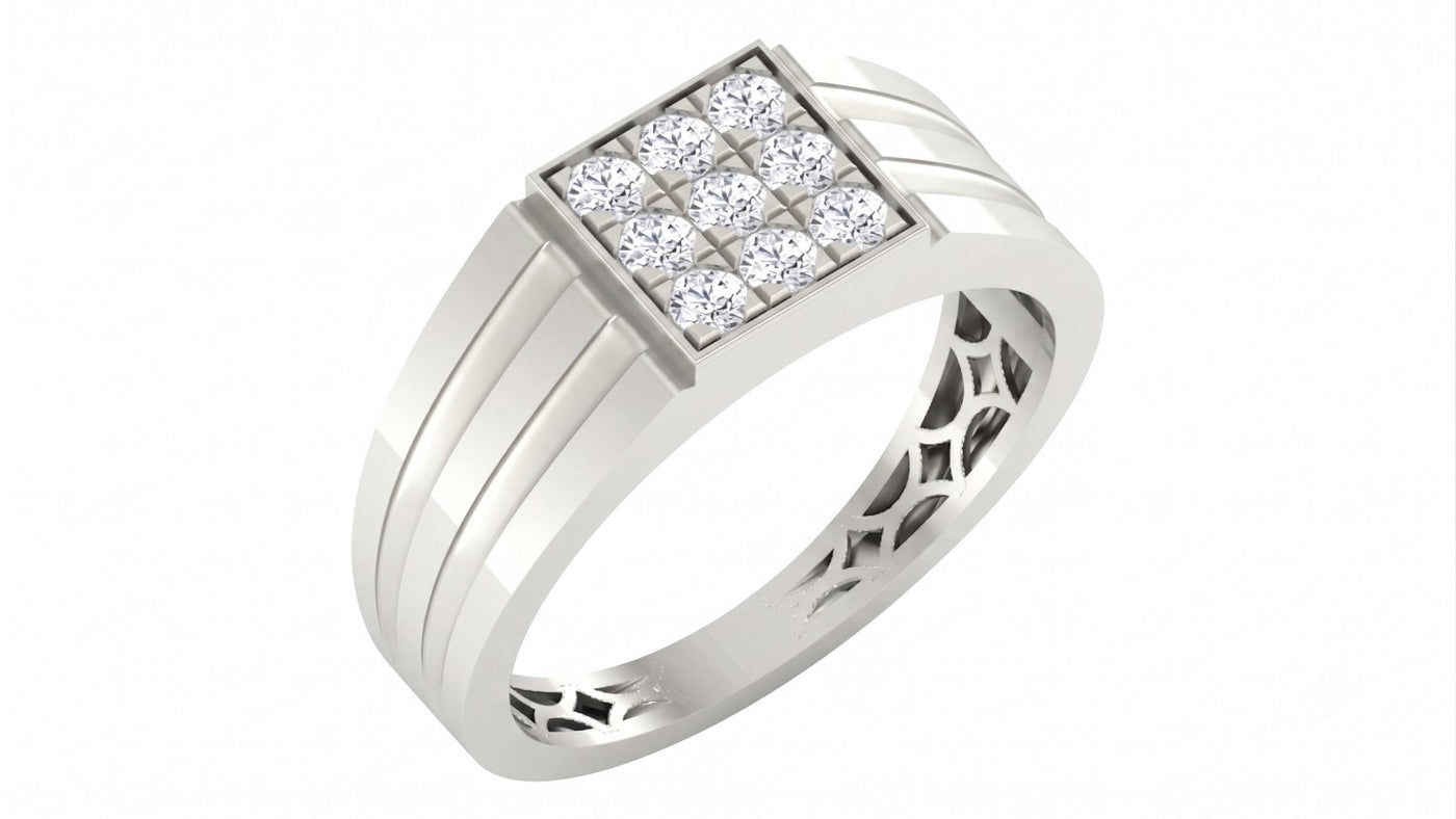 A men's white gold ring with a square diamond cluster setting, on a plain white background.