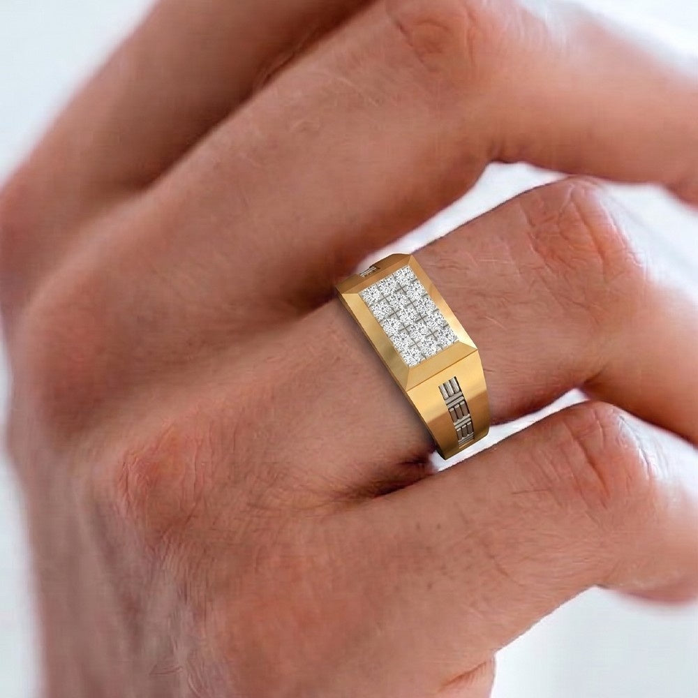 Gold ring with diamond accents on a finger against a white background