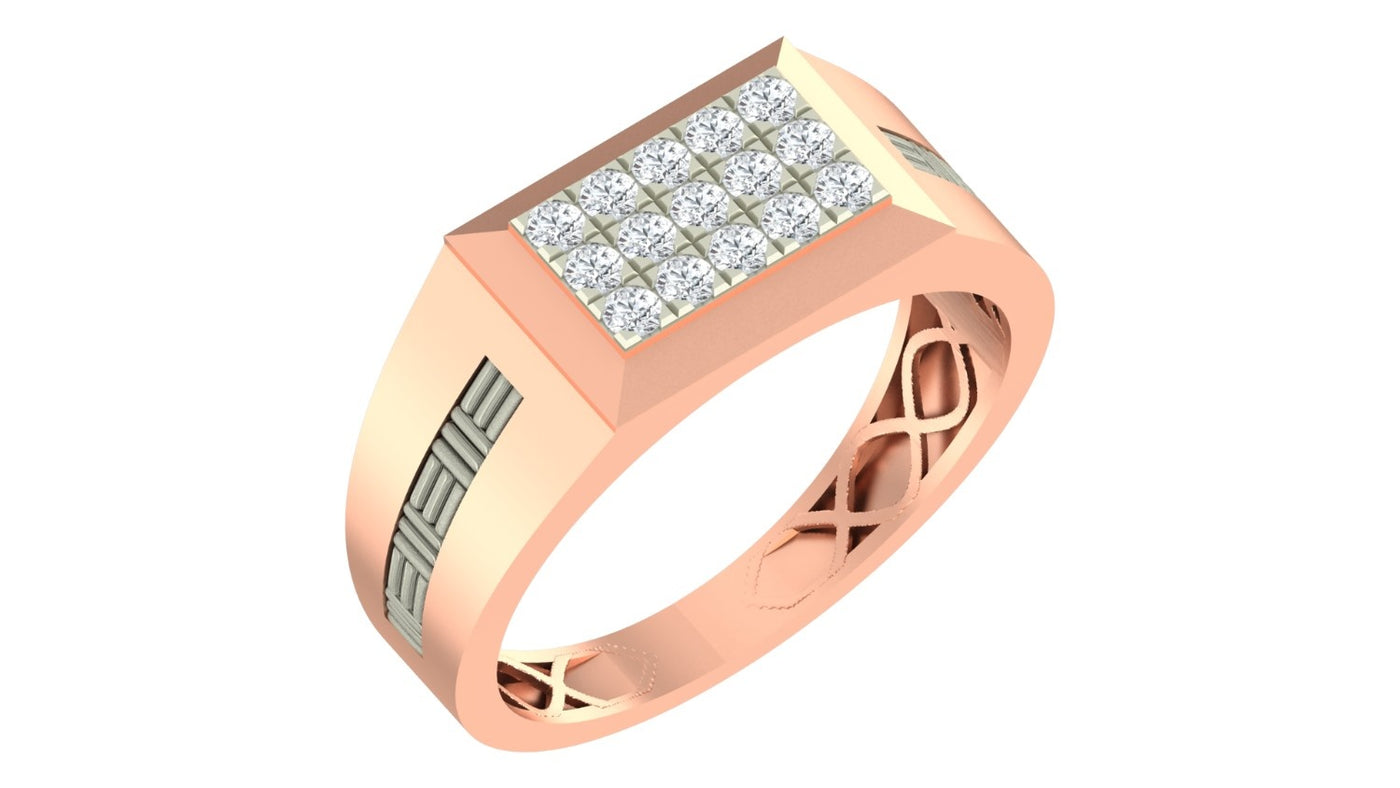 Rose gold ring with diamond accents on a white background.