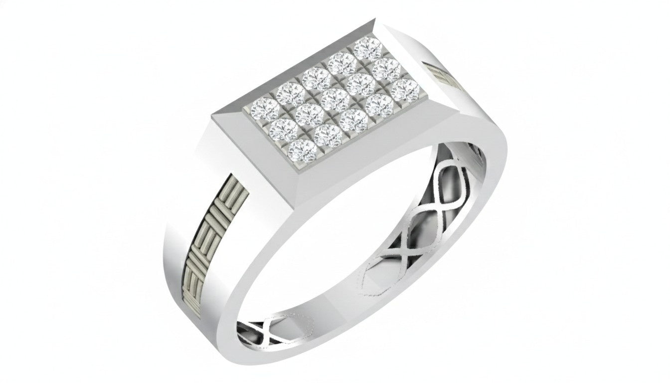White gold ring with diamond accents on a white background.