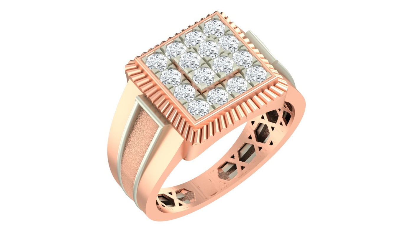 A rose gold signet ring featuring a square face paved with a textured, set against a plain white background.