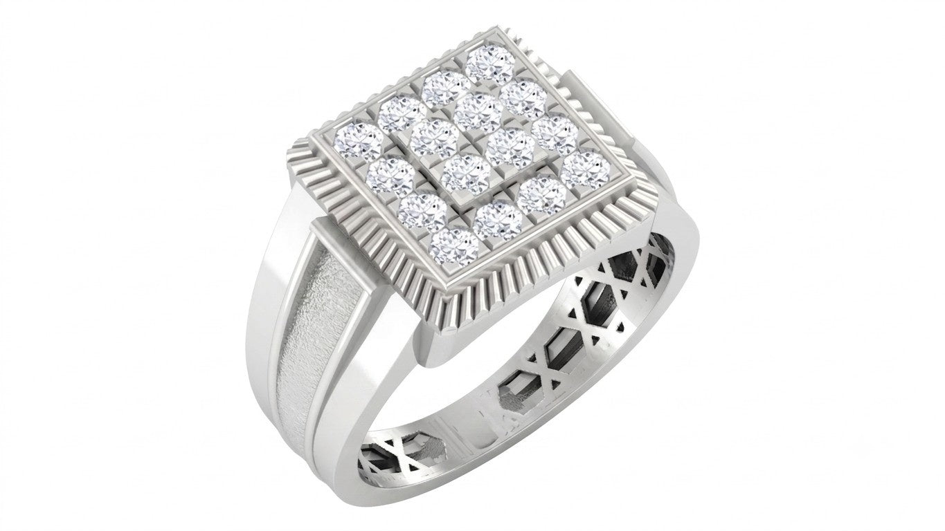A white gold signet ring featuring a square face paved with a textured, set against a plain white background.