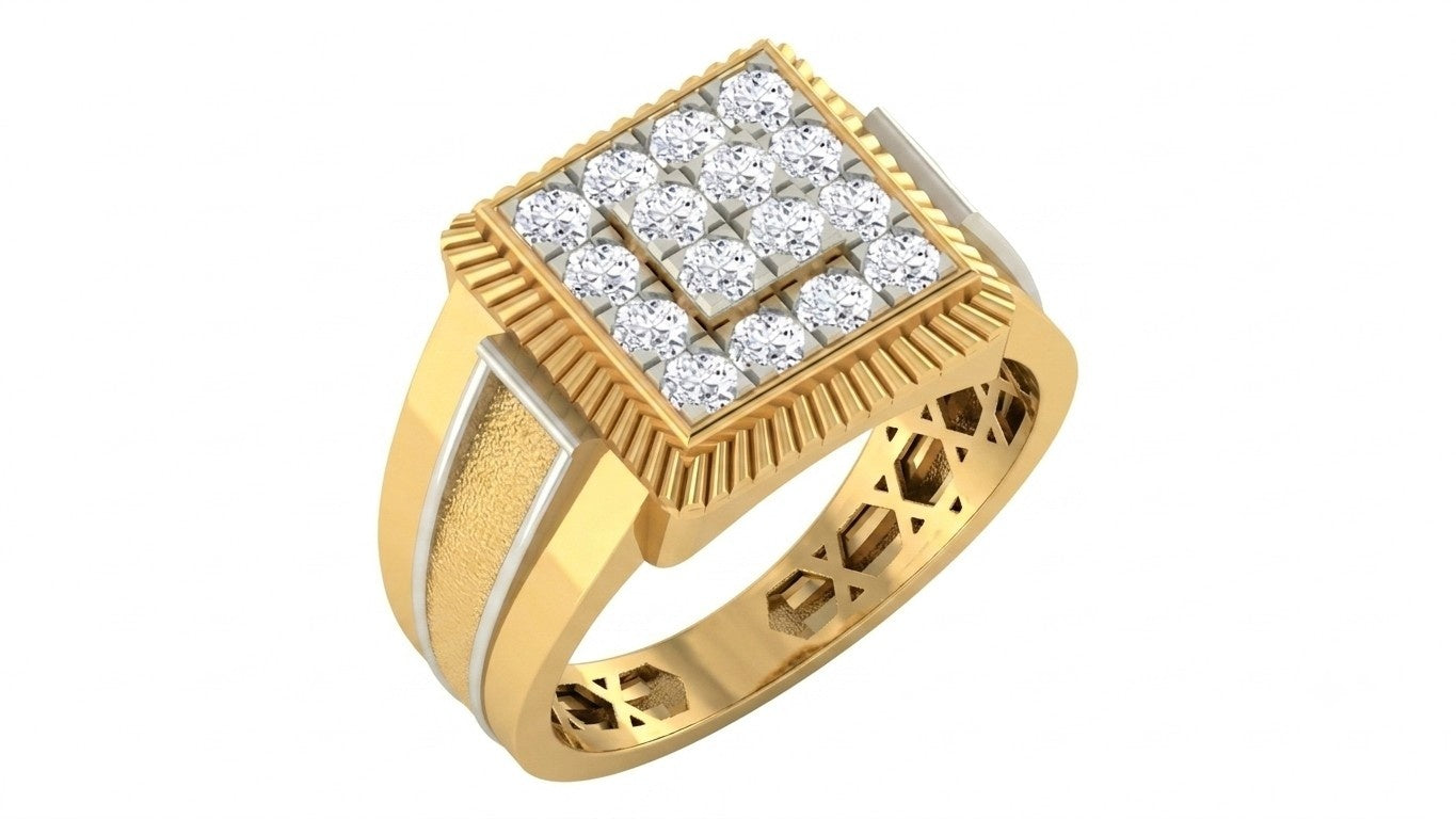 A yellow gold signet ring featuring a square face paved with a textured, set against a plain white background.